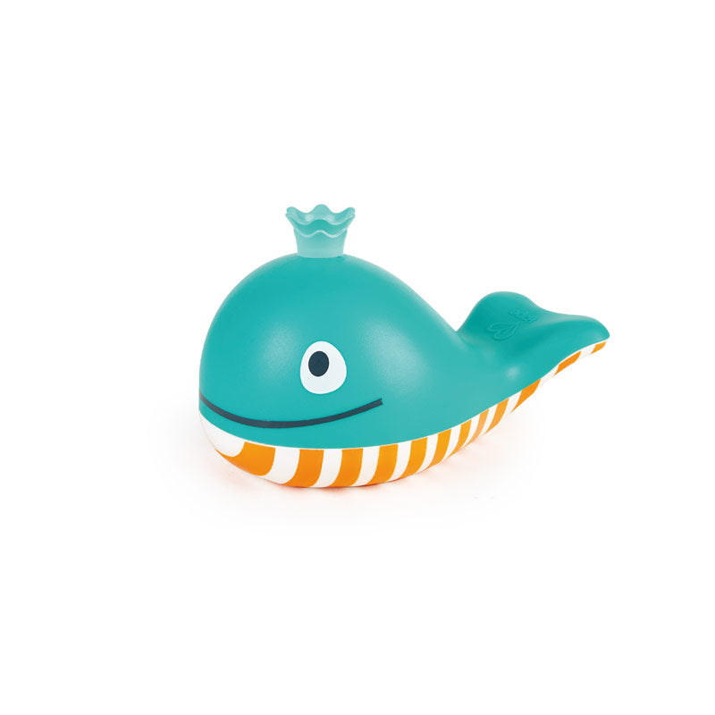 Hape Bubble Blowing Whale bath toy, teal body with orange striped belly.