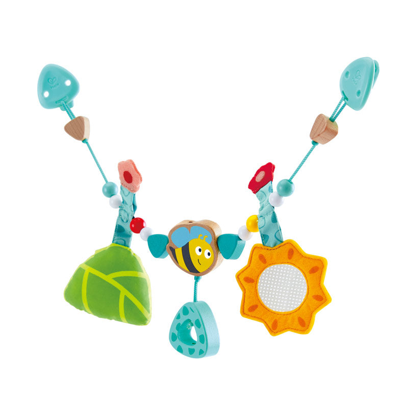 Pram chain by Hape with colorful wooden charms: bee centerpiece, sun and leaf pendants.