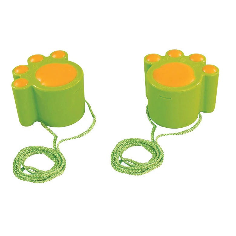 Hape Cat Step Yellow: two green paw-shaped toys with orange pads and attached cords for active motor play.