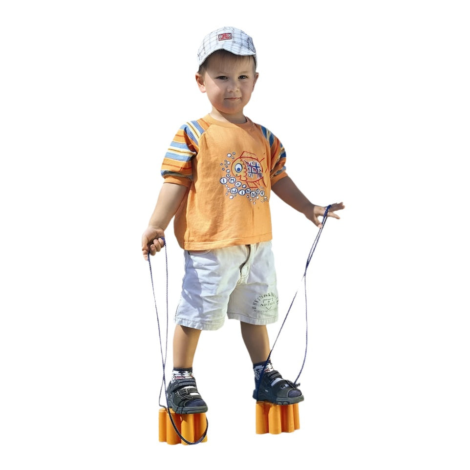 Hape Cat Walk Orange toddler balance stilts toy with orange block feet and ropes