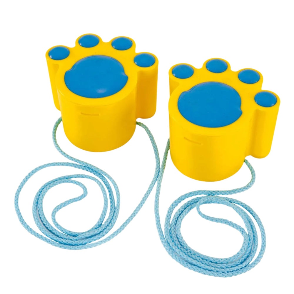 Hape Cat Walk Orange toddler stepping toy with yellow paw-shaped blocks, blue pads, and blue ropes