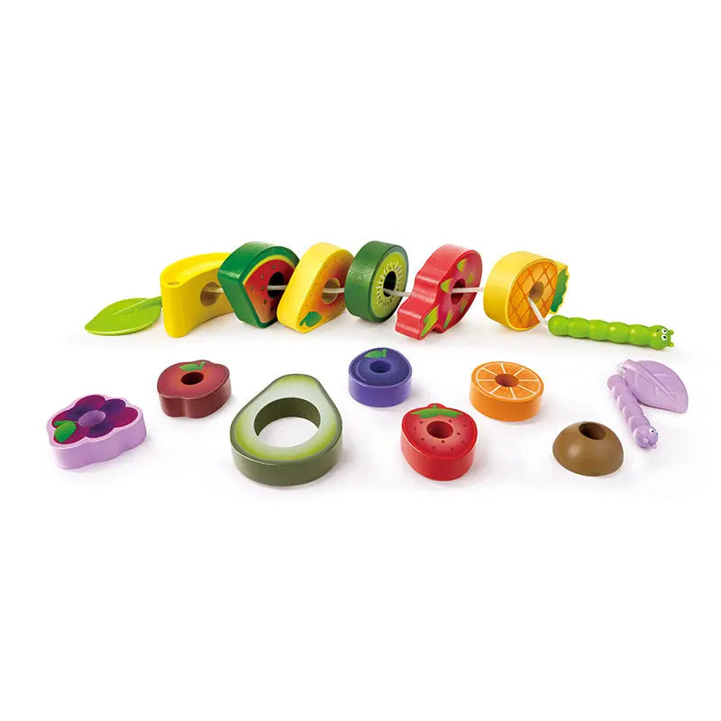 Hape Caterpillar Fruit Feast Set with colorful wooden fruit pieces and caterpillar segments, 15+ pieces