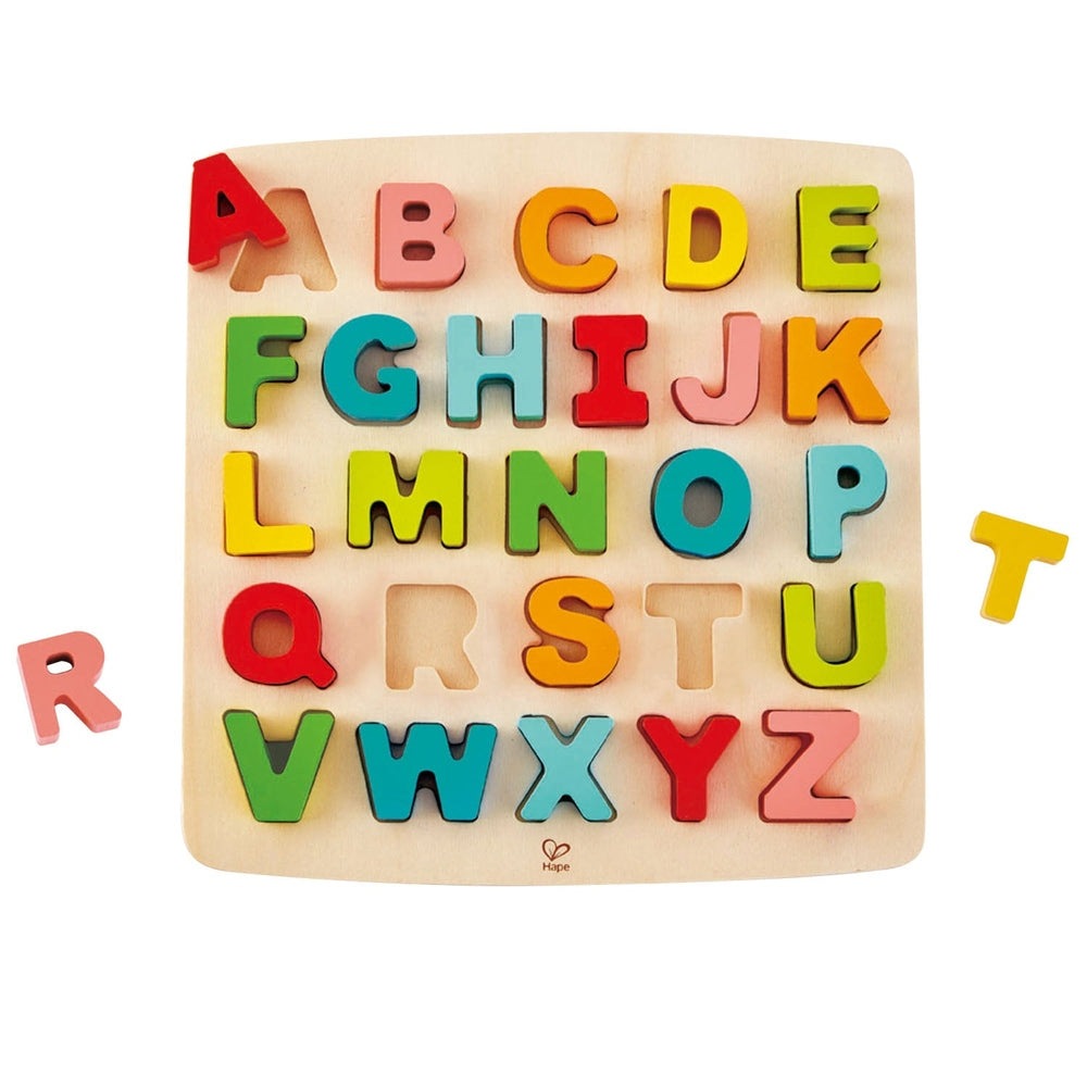 Hape chunky alphabet puzzle with colorful uppercase wooden letters A–Z on a natural wood board