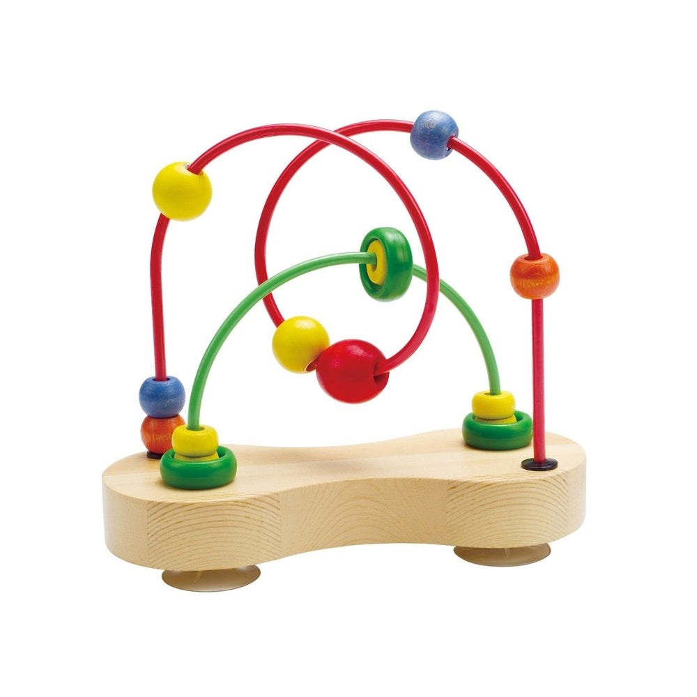 Hape Double Bubble bead maze toy on natural wood base; red and green wires guide colorful beads along twisting paths