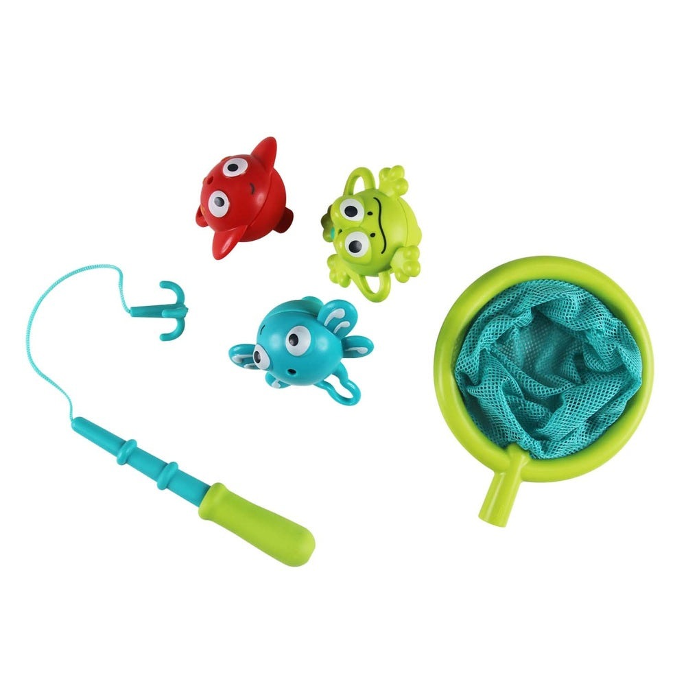 Hape Double Fun Fishing Set with bath net, blue wand, and three colorful fish