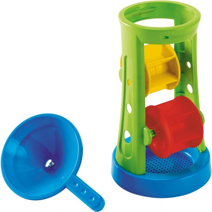 Hape Doule Sand and Water Wheel set with green frame, blue base, red wheel, and blue scoop