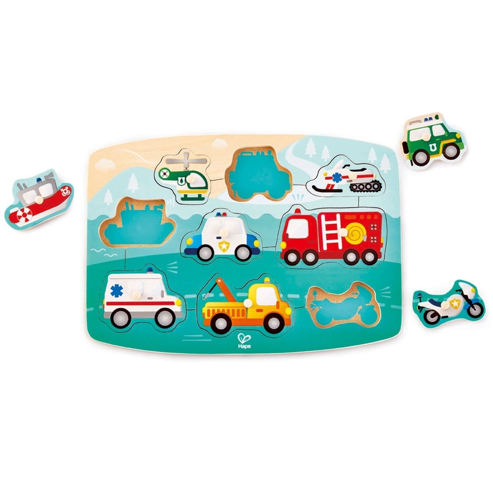 Hape Emergency Peg Puzzle with 9 colorful emergency vehicles on a seaside board.