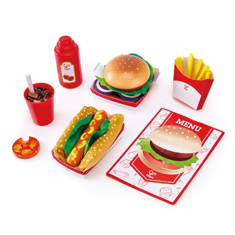 Hape fast food set toy with burgers, hot dogs, fries, soda cup and ketchup bottle; 6 pieces