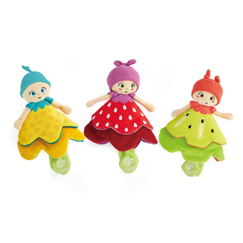 Hape Flowerini plush dolls, three colorful flower-themed toys with girl heads in yellow, red, and green dresses