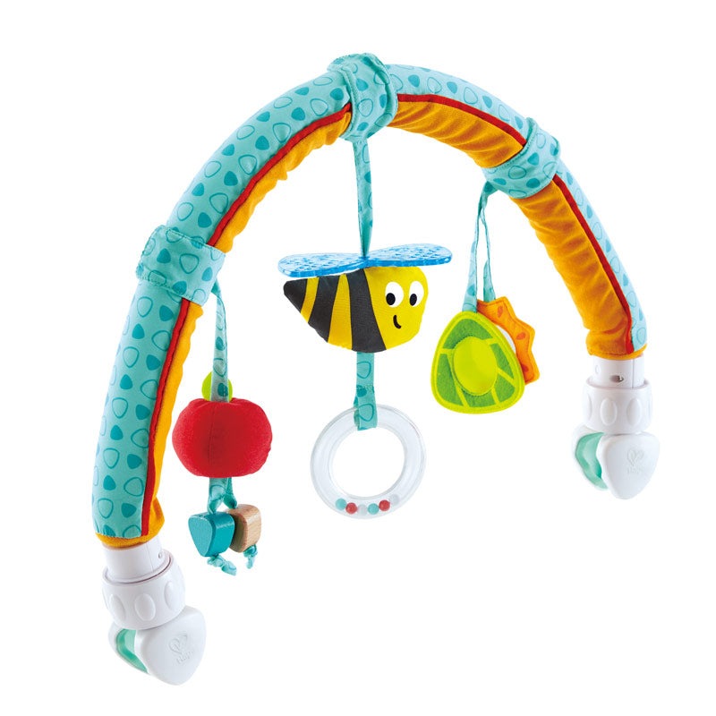 Hape Garden Friends Play Arch baby gym with turquoise arches, orange lining, and hanging bee and leaf toys