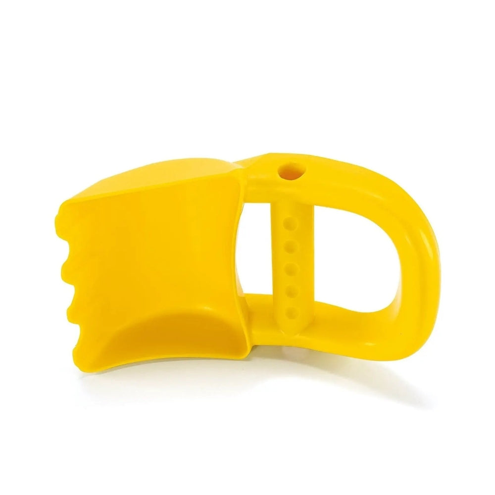 Hape Hand Digger toy excavator in bright yellow plastic, adjustable handle shown for digging action.