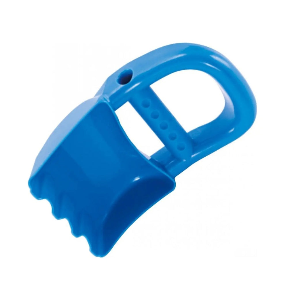 Hape Hand Digger blue plastic toy with serrated scoop and integral grip handle.