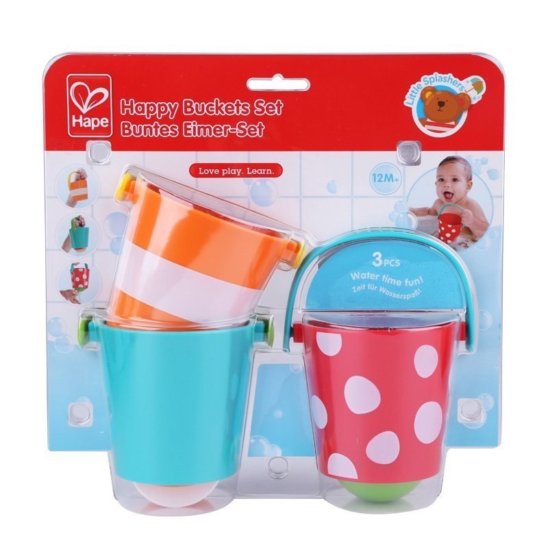 Hape Happy Buckets Set: three colorful bath buckets in turquoise, orange/white stripe, and pink with white dots, ready for splashy play.