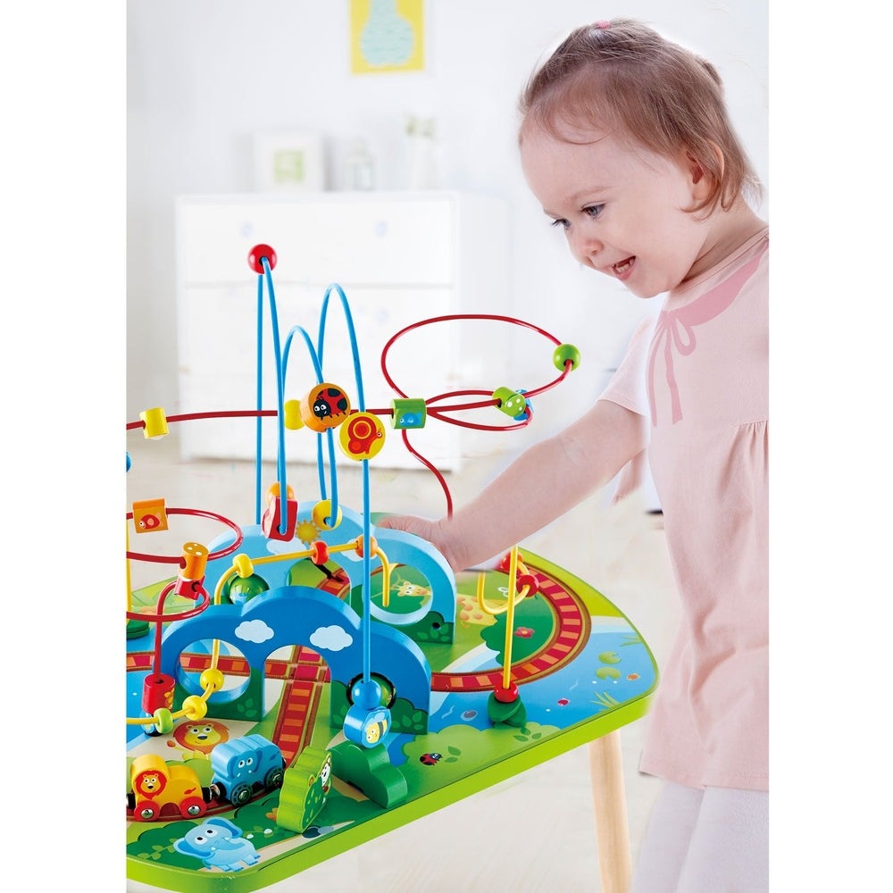 Hape Jungle Adventure Railway Table bead maze toy; bright blue and red tracks, toddler guiding beads.