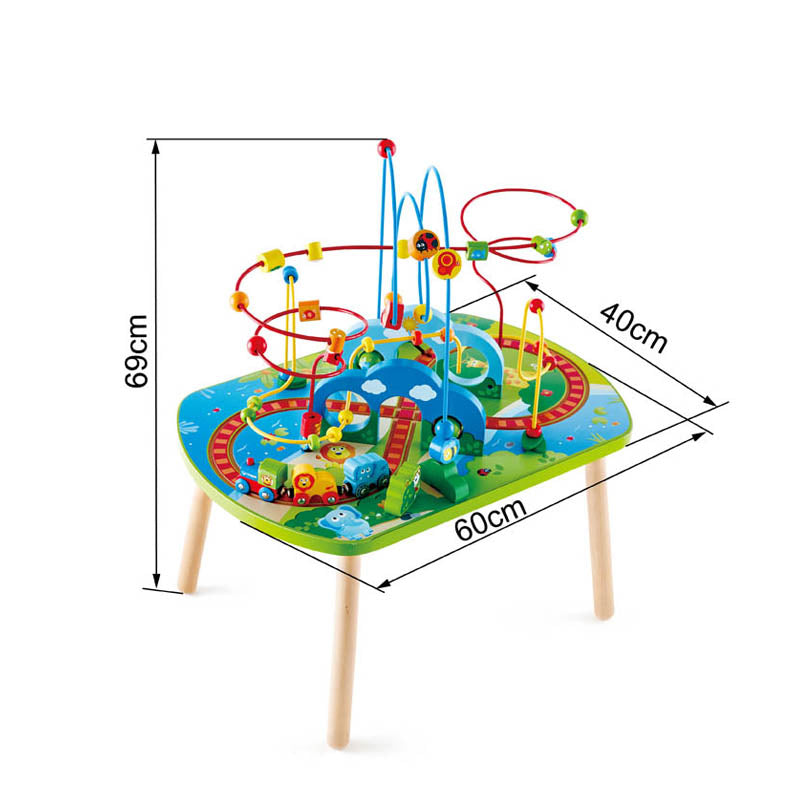Hape Jungle Adventure Railway Table with bead maze and trains winding around colorful tracks on a green tabletop
