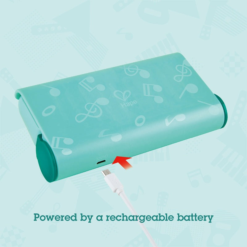 Hape Learn With Lights Harmonica in turquoise; rechargeable battery-powered educational musical toy for kids