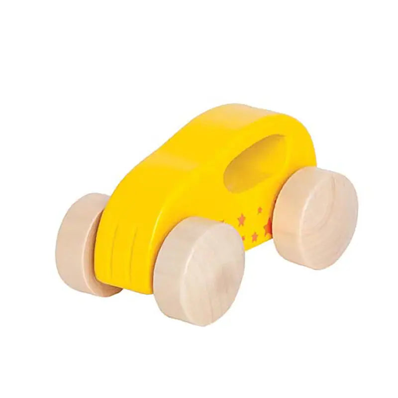Hape Little Auto wooden toy car in bright yellow with natural wood wheels, rolling forward.
