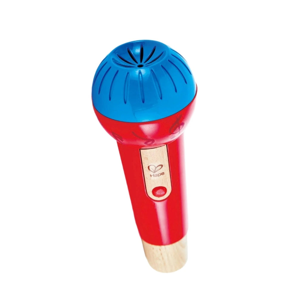 Hape Mighty Echo Microphone, red body with blue dome and wooden grip, kids’ toy microphone.