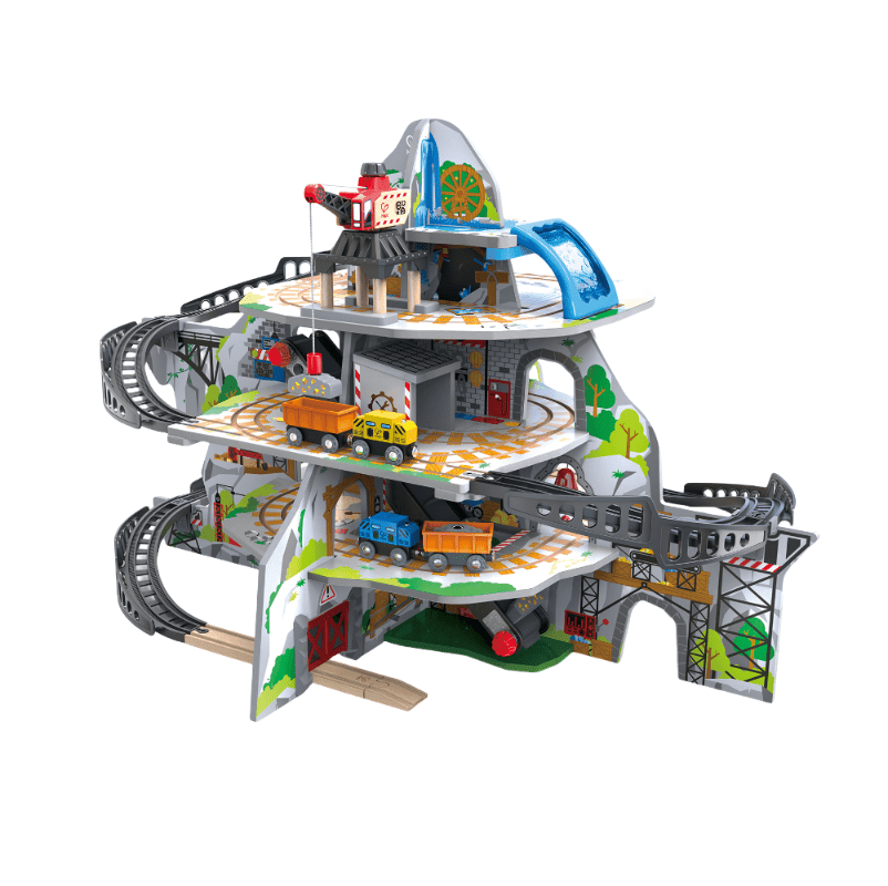 Hape Mighty Mountain Mine wooden train set with multi-level tracks; trains wind around spirals as bright vehicles run.