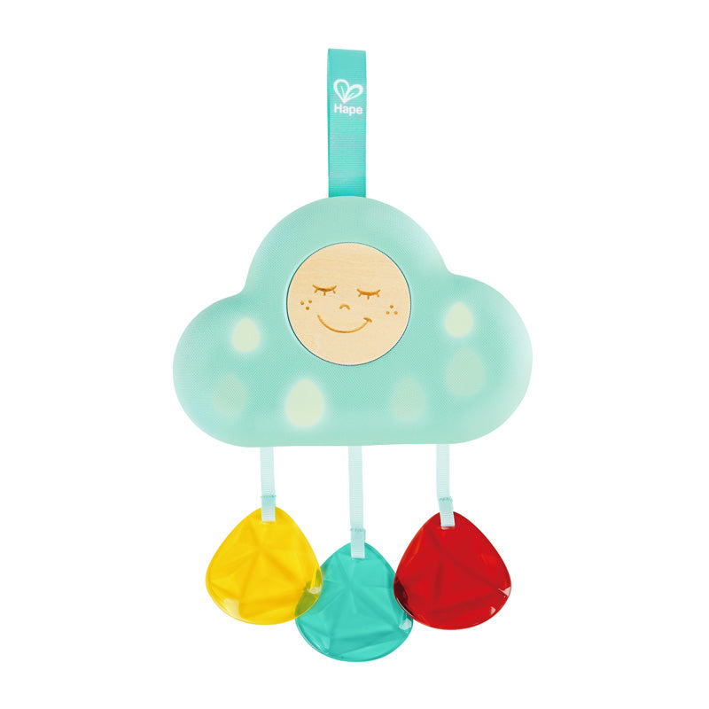 Hape Musical Cloud Light baby toy in teal with 3 hanging discs: yellow, turquoise, red