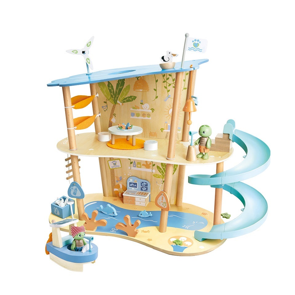 Hape Ocean Rescue Playset with multi-level beach base, blue spiral slide, sea life figures