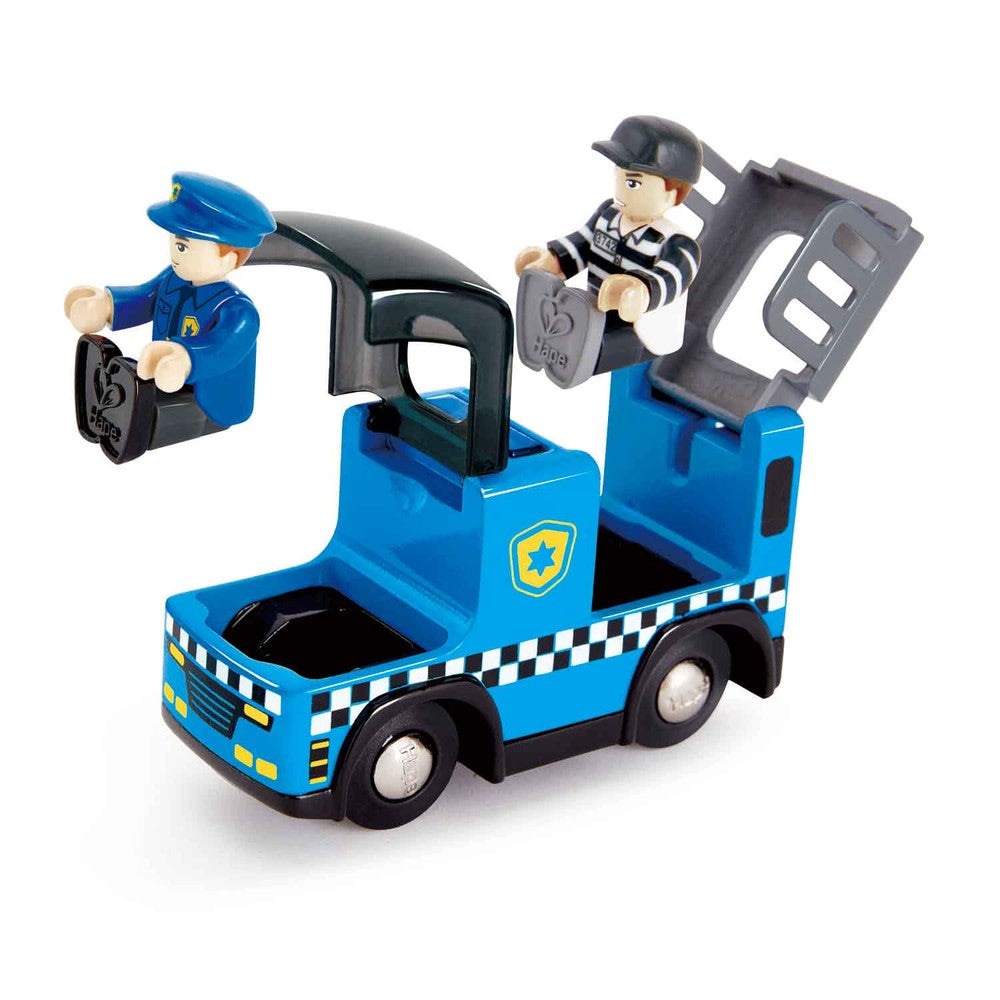Hape police car toy in blue with checkered stripe and two minifigures: officer and prisoner