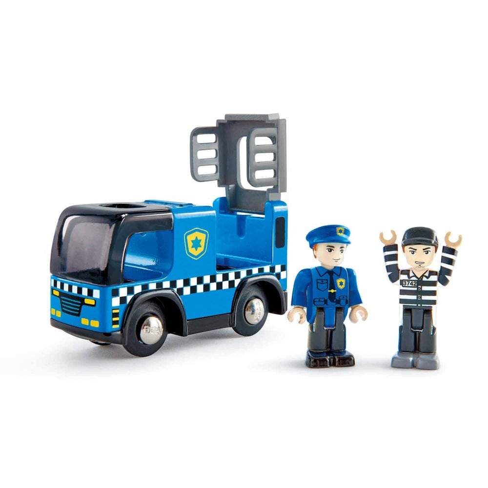 Hape police car with siren; blue vehicle with checker stripe plus two figures (police officer and prisoner)