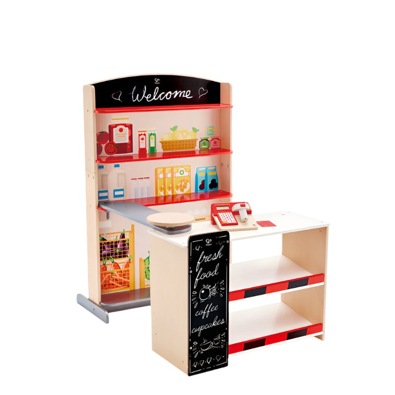 Hape Pop-Up Shop wooden toy storefront with chalkboard signs, cashier counter and grocery shelves