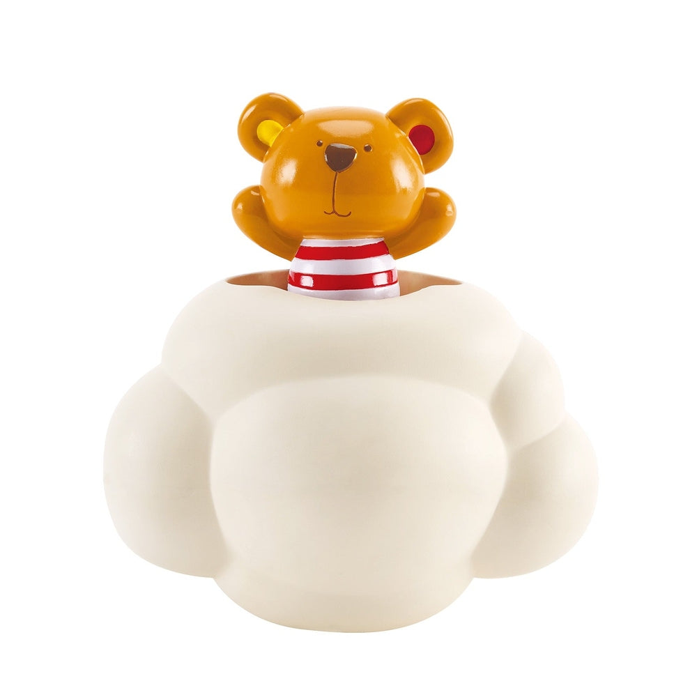 Hape Pop-Up Teddy Shower Buddy bath toy, orange bear pops from white cloud
