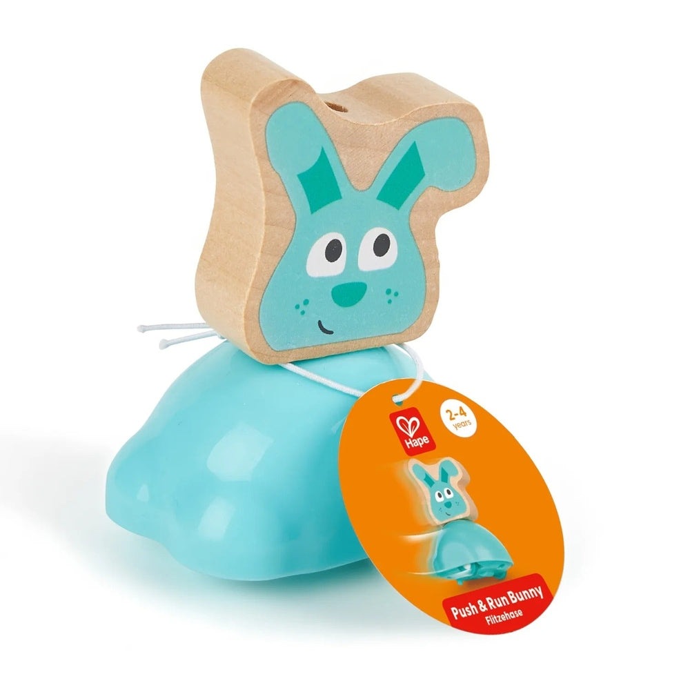 Hape Push & Run Bunny push toy: turquoise bunny head atop a light blue base with a pull cord leash.