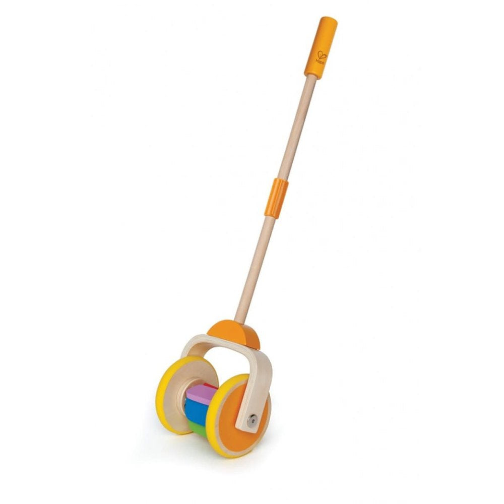 Hape Push Toy Rainbow wooden baby walker with colorful rainbow wheels and orange handle