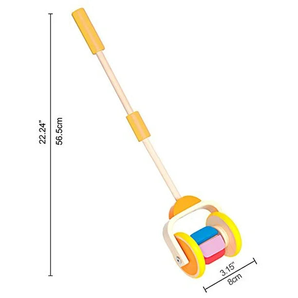 Hape Push Toy Rainbow wooden push toy with long rod, yellow grips and rainbow wheels.