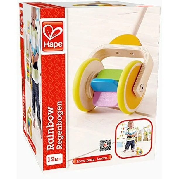 Hape push toy Rainbow wooden push-along with colorful rainbow wheels for toddlers