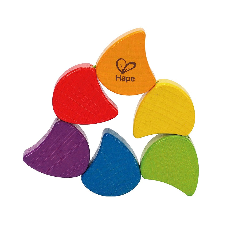 Hape Rainbow Rattle: six colorful wooden heart pieces in red, orange, yellow, green, blue, purple