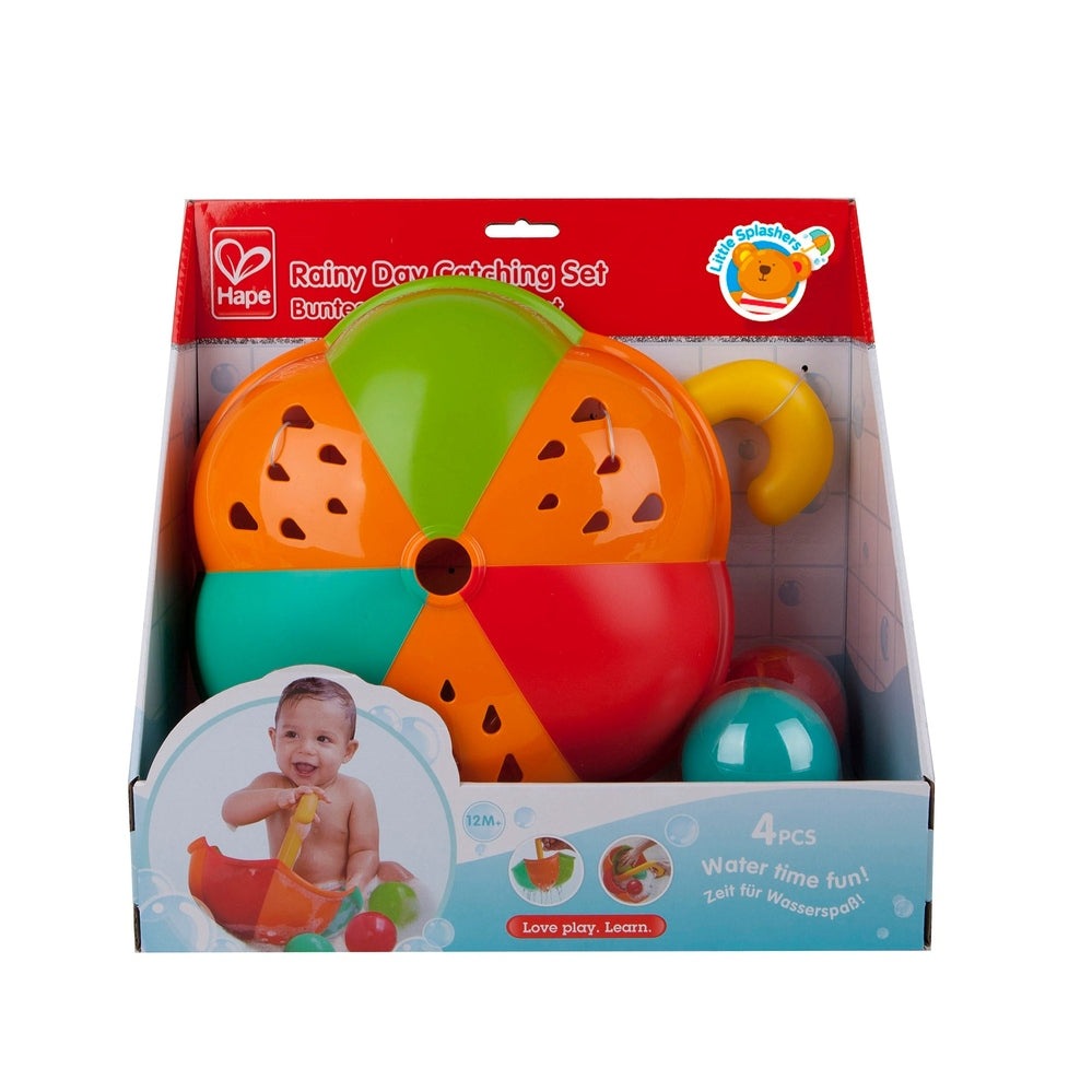 Hape Rainy Day Catching Set bath toy; colorful 4-piece wheel being used to catch floating balls.