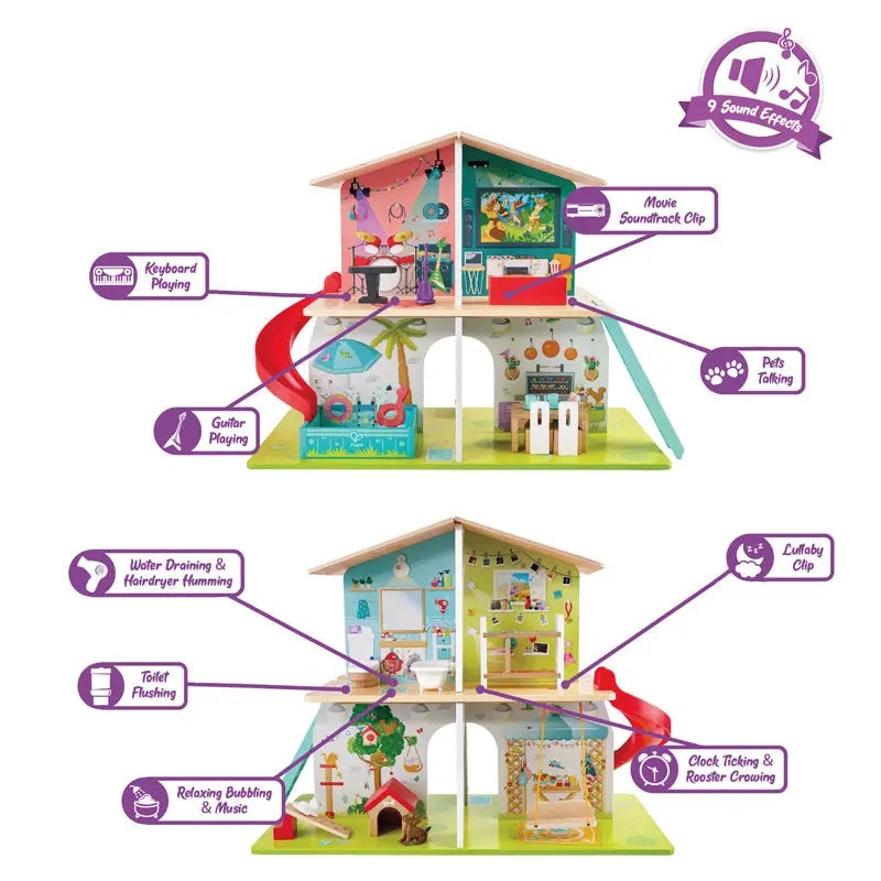 Hape Rock Slide House Sound Effect dollhouse with colorful wooden rooms and built-in sounds