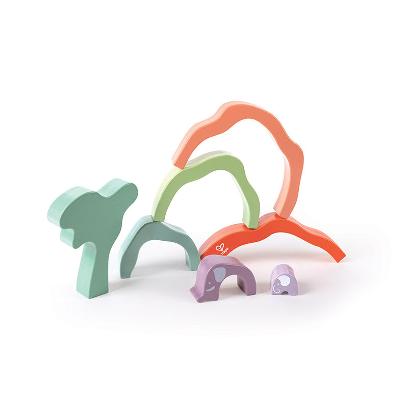 Hape Safari Elephant Stack Blocks set with five pastel arches and two wooden elephant minis