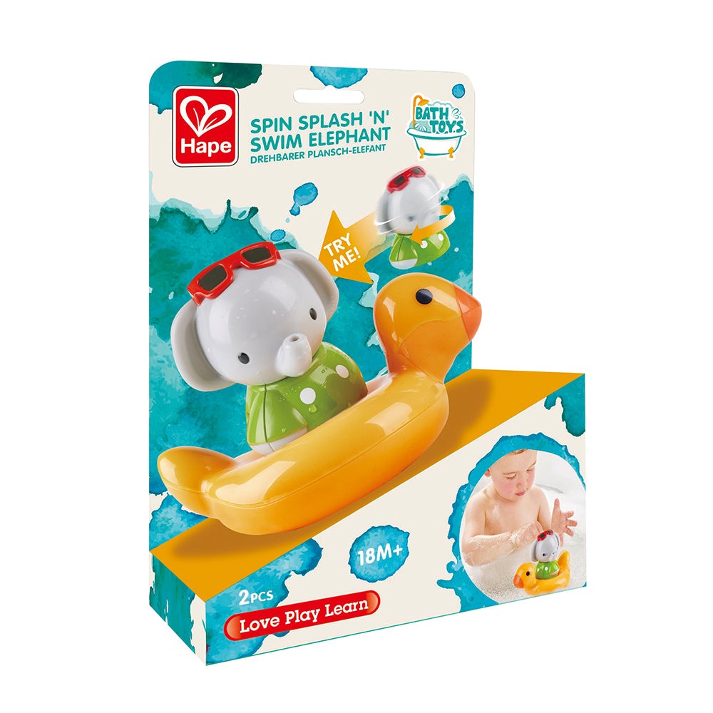 Hape Spin Splash N Swim Elephant bath toy set; white elephant on a yellow boat, 2 pieces