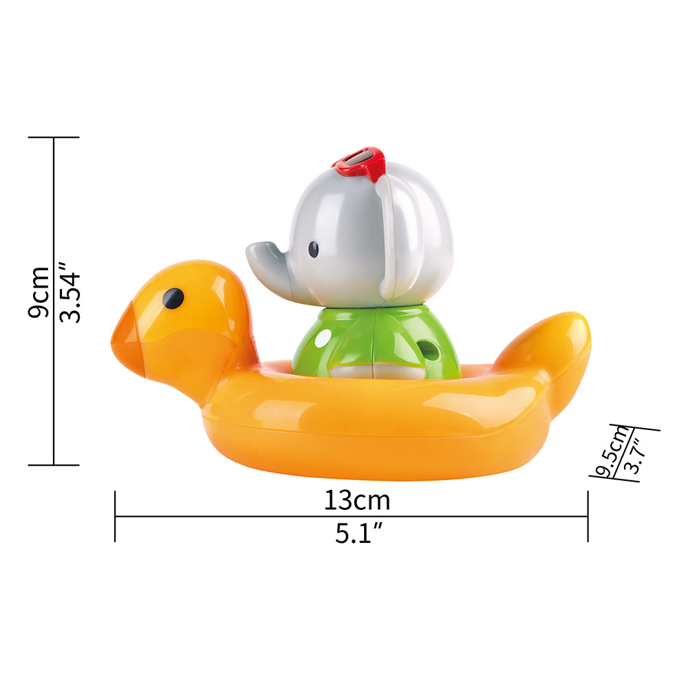Hape Spin Splash N Swim Elephant bath toy with orange duck float and gray elephant on green base