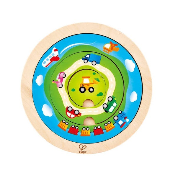 Hape Spinning Transport Puzzle wooden circular puzzle with colorful vehicles on a winding road