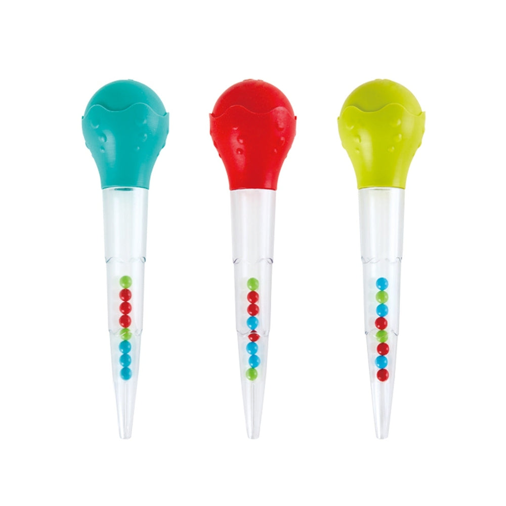 Hape Squeeze & Squirt bath toy set with three bead-filled tubes in teal, red and lime caps.