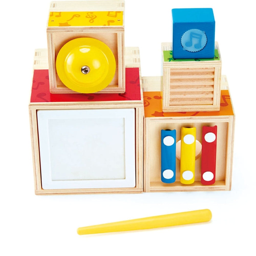 Hape Stacking Music Set: wooden blocks with yellow bell and rainbow xylophone bars