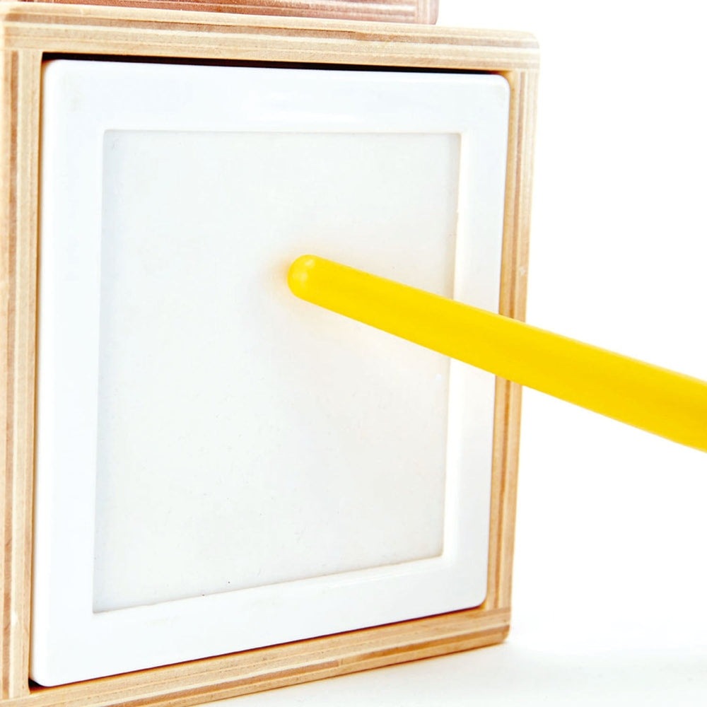 Hape Stacking Music Set: wooden frame with white panel and yellow mallet