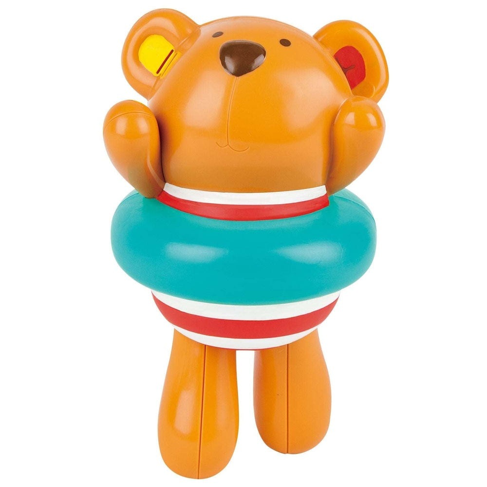 Hape Swimmer Teddy wind-up bath toy; orange bear with teal float ring and red-white stripes