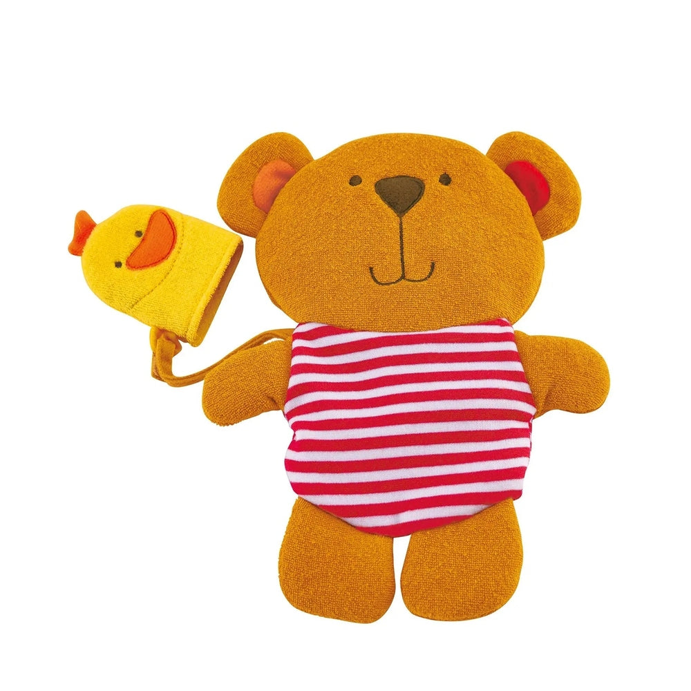 Hape Teddy And Duck Bath Mitt Set: orange bear in a red striped outfit holds a yellow duck wash mitt.