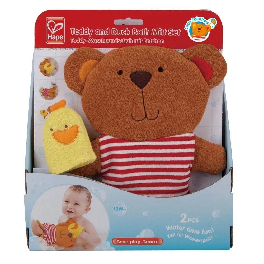 Hape Teddy and Duck Bath Mitt Set: brown teddy wearing red stripes, holding a yellow duck mitt in hand.