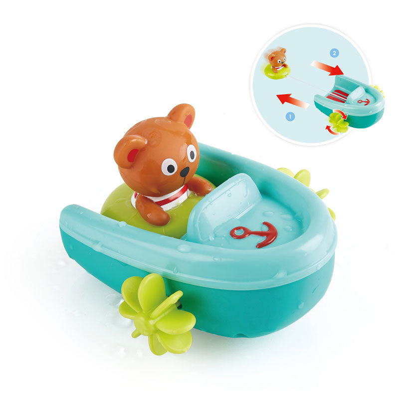 Hape Tubing Pull-Back Boat bath toy with a brown bear in a turquoise boat and green accents.