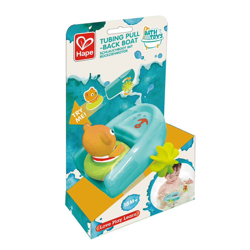 Hape Tubing Pull-Back Boat bath toy, turquoise boat with orange figure and palm tree.