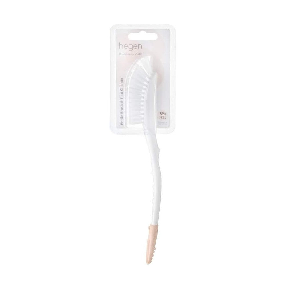Hegen bottle brush and teat cleaner with white handle and beige tip in packaging