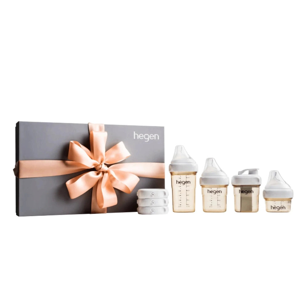 HEGEN Essentials Starter Kit with gray gift box and peach ribbon; includes 4 baby bottles and accessories